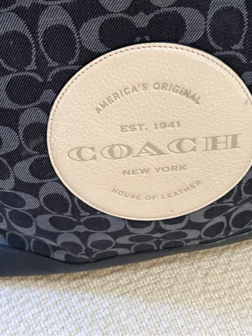COACH Navy Signature Canvas Tote with Cream Trim and Black Strap - Picture 3 of 12